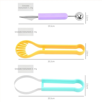 Instrument 3 în 1 pentru formarea bulelor de fructe, scoaterea pulpei din pepene și cuțit decorativ; oțel inoxidabil 430