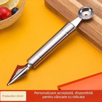 Lingură de fructe din oțel inoxidabil cu două capete, cuțit cu model ondulat și platou pentru pepene – set cadou