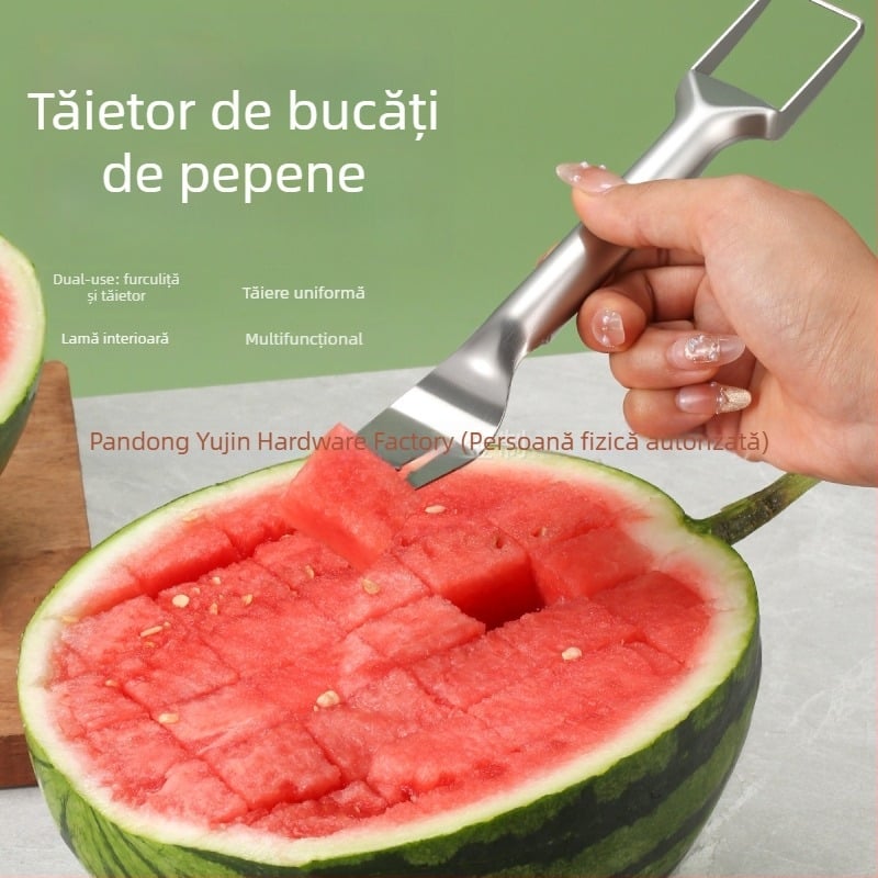 Tăietor dublu pentru pepene – Furculiță din oțel inoxidabil pentru tăiere, tăiere în cuburi și servire pepene