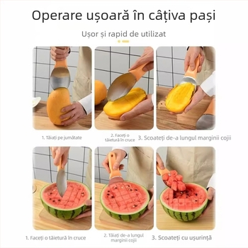 Unealtă din oțel inoxidabil pentru mango: decojit, lingură pentru pulpă, separator pentru coajă și sâmburi, tăietor cuburi mango