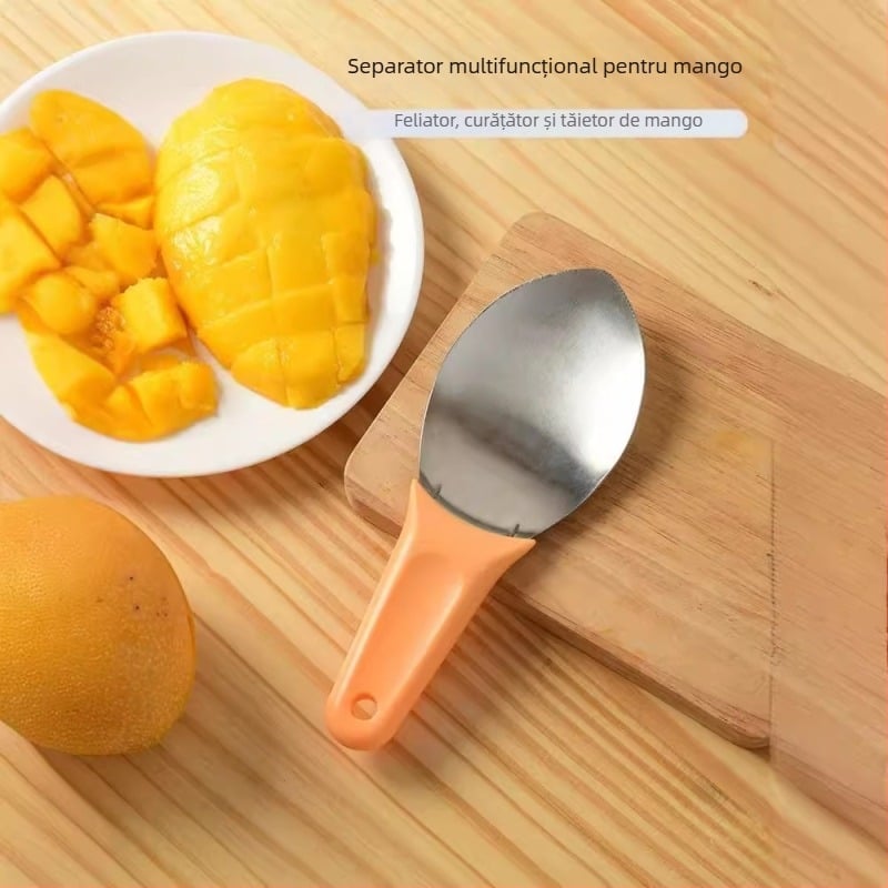 Unealtă din oțel inoxidabil pentru mango: decojit, lingură pentru pulpă, separator pentru coajă și sâmburi, tăietor cuburi mango