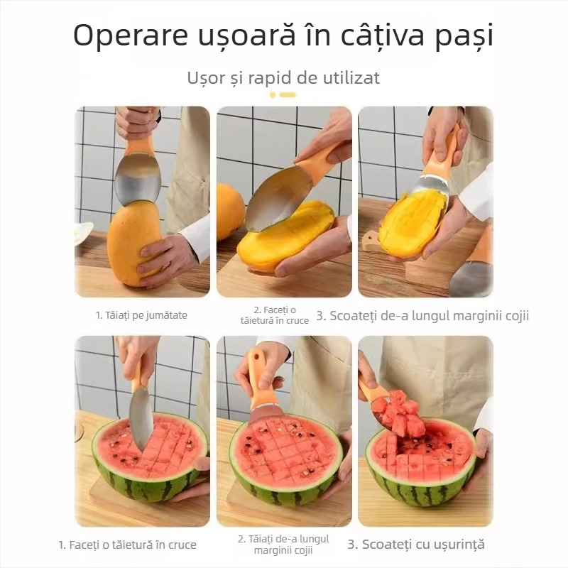 Unealtă din oțel inoxidabil pentru mango: decojit, lingură pentru pulpă, separator pentru coajă și sâmburi, tăietor cuburi mango