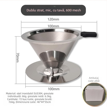 Filtru de cafea din oțel inoxidabil 304, dublu strat, turnare manuală, ceașcă-filtru V60, fără hârtie, sită pentru sediment ceai