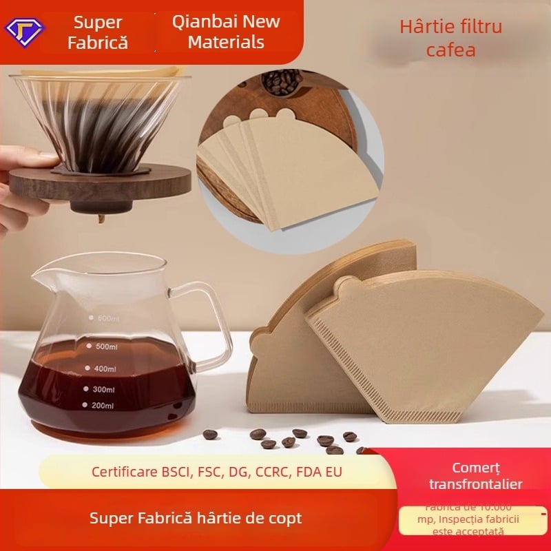 Hartie de filtru pentru cafea, din celuloză lemnoasă naturală, filtre în formă de evantai și conice, ambalate în pungi și cutii