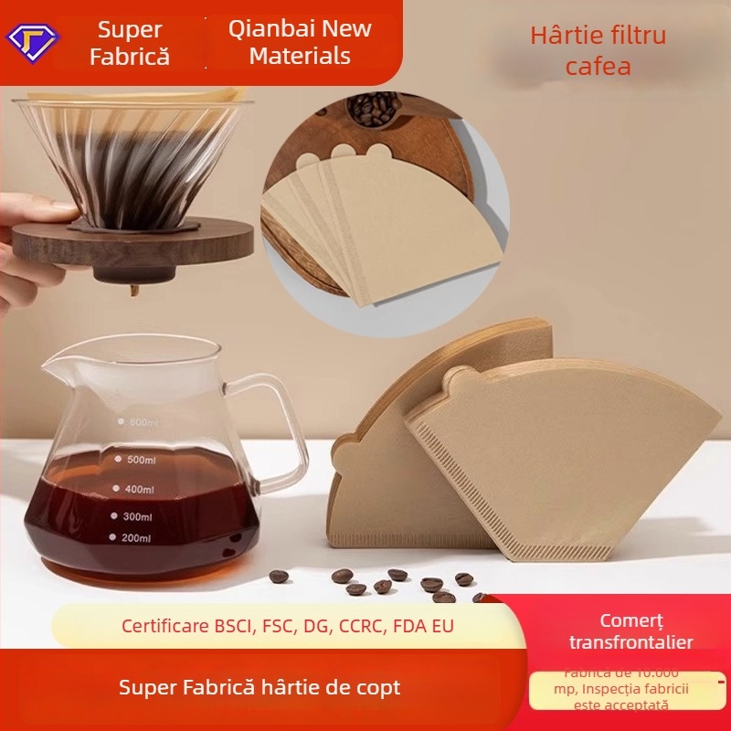 Hartie de filtru pentru cafea, din celuloză lemnoasă naturală, filtre în formă de evantai și conice, ambalate în pungi și cutii