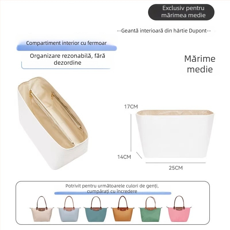 Husă interioară compatibilă Longchamp, dimensiune medie, hârtie Dupont impermeabilă, geantă ușoară de depozitare pentru machiaj și produse de toaletă