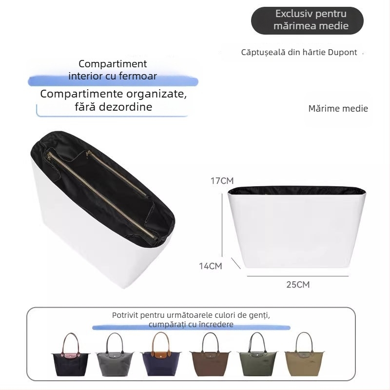 Husă interioară compatibilă Longchamp, dimensiune medie, hârtie Dupont impermeabilă, geantă ușoară de depozitare pentru machiaj și produse de toaletă