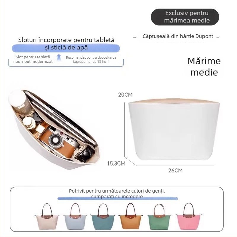 Husă interioară compatibilă Longchamp, dimensiune medie, hârtie Dupont impermeabilă, geantă ușoară de depozitare pentru machiaj și produse de toaletă