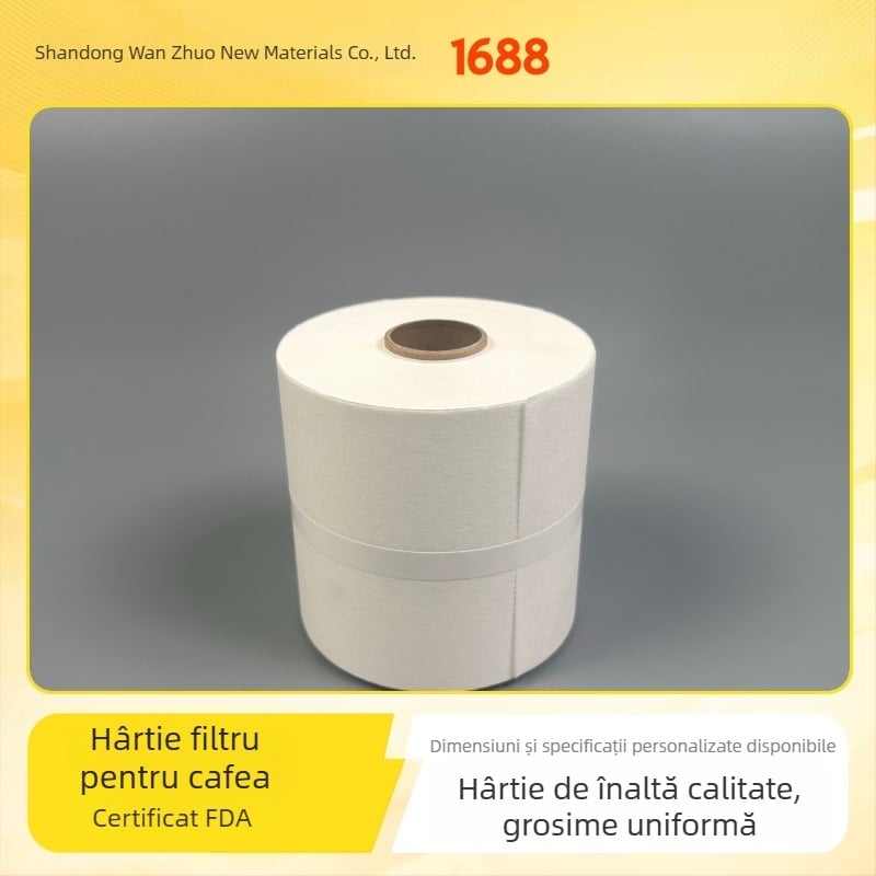 Role de filtru de cafea pentru espresso, de unică folosință, personalizabile; din pulpă de lemn; dimensiuni 10 cm x 200 m; 33 g; design modern minimalist.