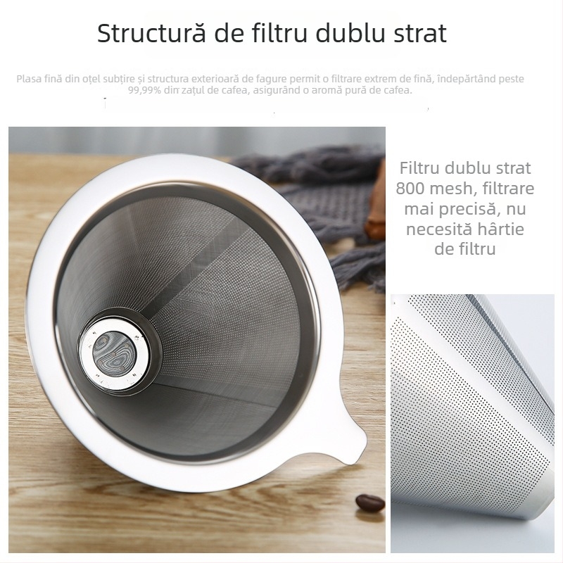 Muzi filtru de cafea din oțel inoxidabil 304, dublu strat pentru V60, filtru ultrafin dens, fără filtru de hârtie