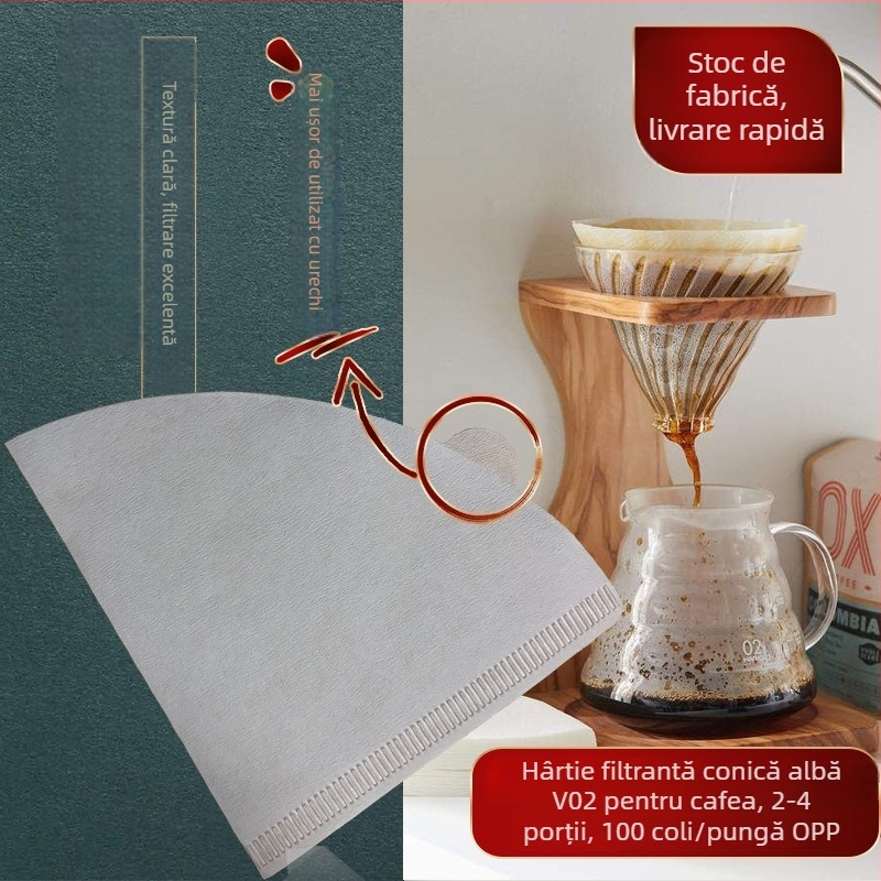 Huilaimei Filtre de cafea V60, albe, 100 foi, pentru 2–4 cești, filtru pour-over