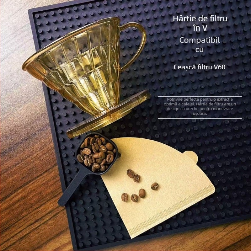 Filtru de cafea pentru preparare prin infuzare manuală, conic, mare, filtru transparent tip V60, set mic cu filet pentru picurare.