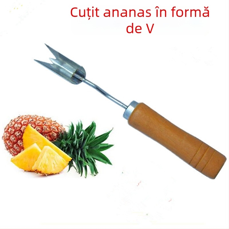Curățător de ananas din oțel inoxidabil, cu mâner din lemn, cuțit triunghiular pentru ananas, îndepățător de ochi în formă V
