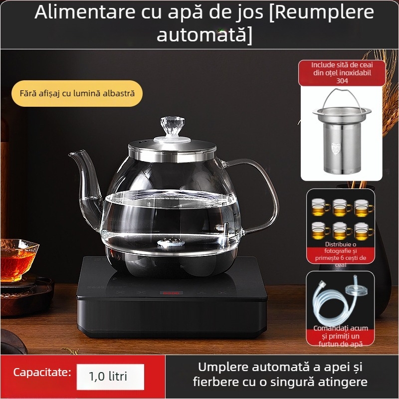 Ceainic electric all-in-one cu control al temperaturii, pentru prepararea ceaiului, cu boiler de apă din sticlă (1 L)