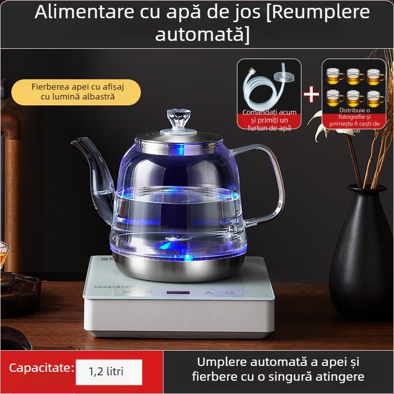 Ceainic electric all-in-one cu control al temperaturii, pentru prepararea ceaiului, cu boiler de apă din sticlă (1 L)