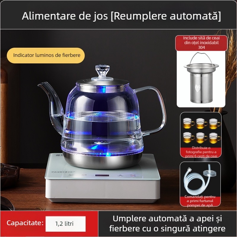 Ceainic electric all-in-one cu control al temperaturii, pentru prepararea ceaiului, cu boiler de apă din sticlă (1 L)