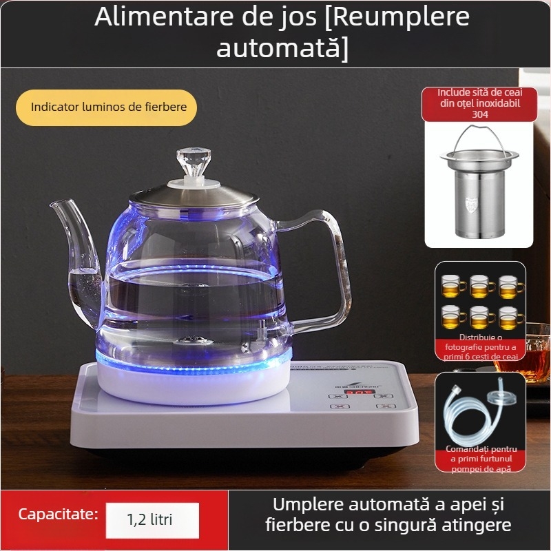 Ceainic electric all-in-one cu control al temperaturii, pentru prepararea ceaiului, cu boiler de apă din sticlă (1 L)
