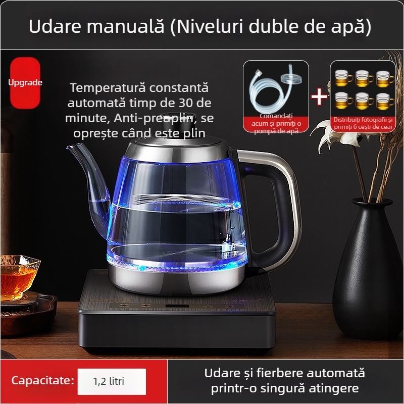 Ceainic electric all-in-one cu control al temperaturii, pentru prepararea ceaiului, cu boiler de apă din sticlă (1 L)