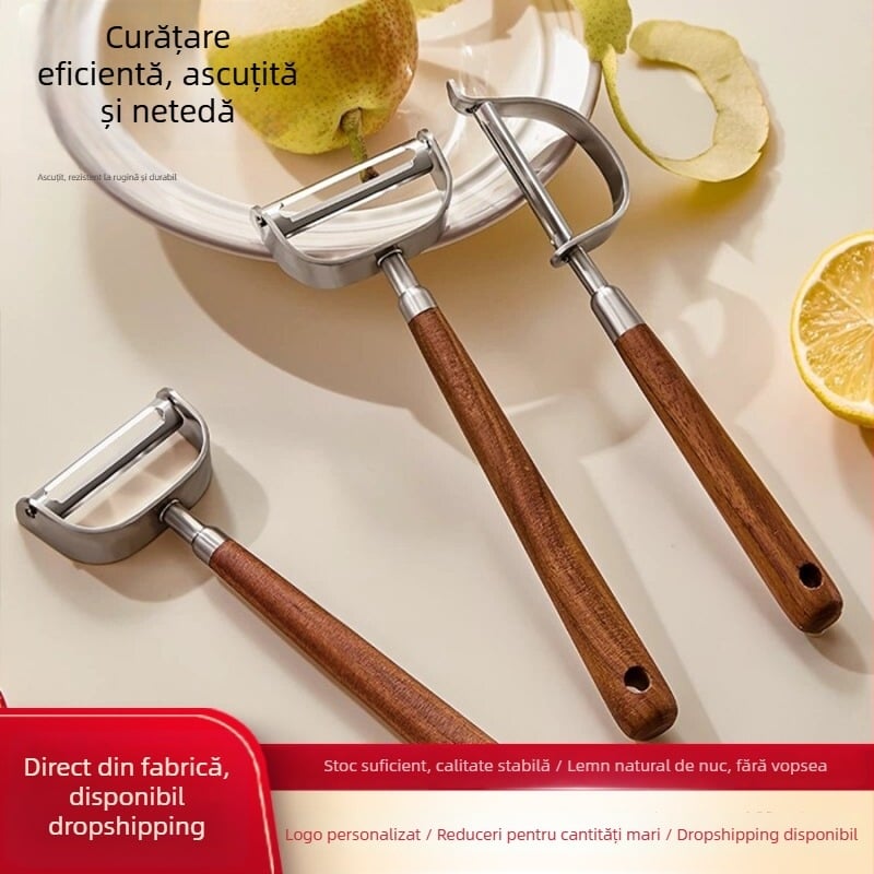 Curăţător de legume din oțel inoxidabil 304, cu mâner din lemn de nuc, pentru fructe, cartofi și pepeni