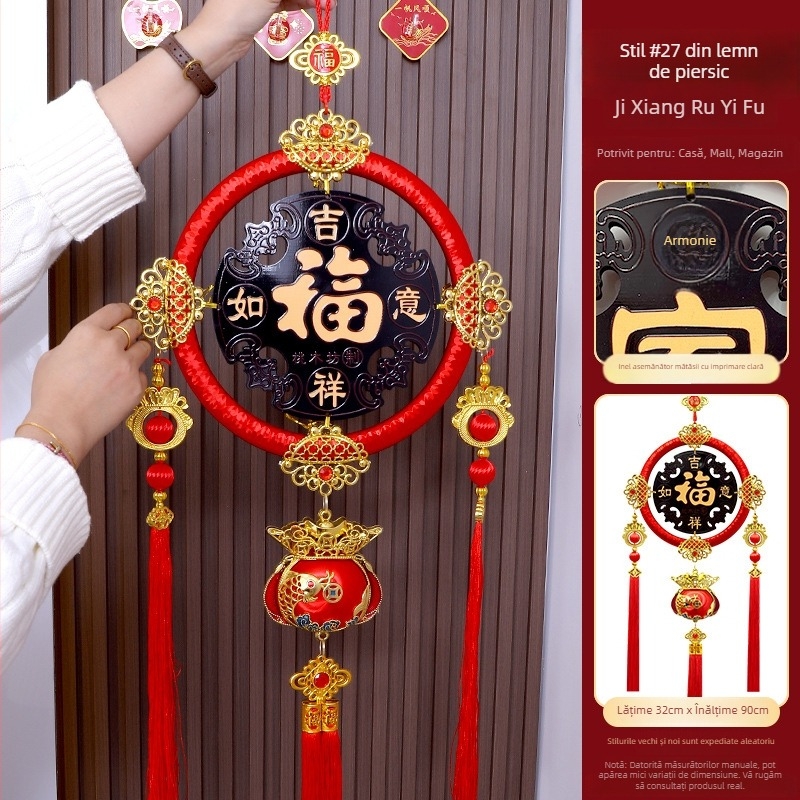 Pandantiv premium din lemn de piersic, nod chinezesc pentru Anul Nou, decor pentru living și hol, în stil porțelan cristal, cu Zeul Bogăției