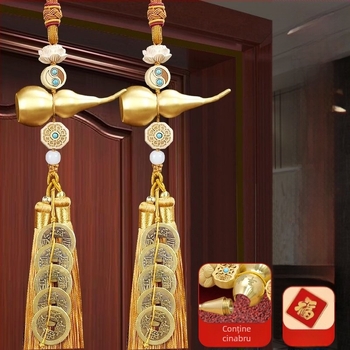 Pandantiv mare din cupru, în formă de dovleac, cu monedele celor Cinci Împărați, nod chinezesc, amulet feng shui