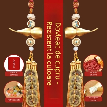 Pandantiv mare din cupru, în formă de dovleac, cu monedele celor Cinci Împărați, nod chinezesc, amulet feng shui