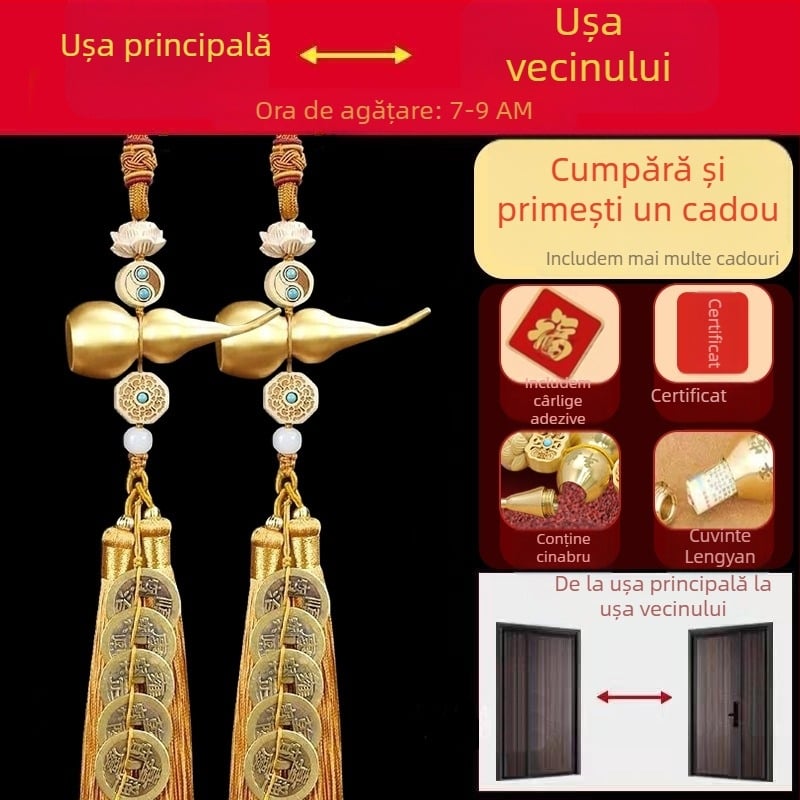 Pandantiv mare din cupru, în formă de dovleac, cu monedele celor Cinci Împărați, nod chinezesc, amulet feng shui