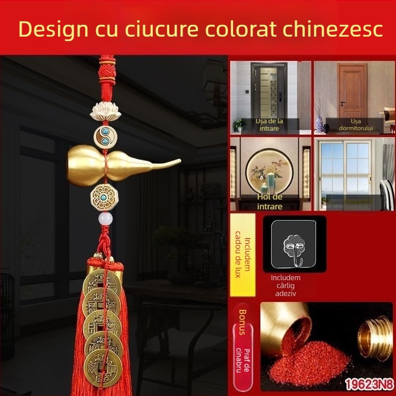 Pandantiv mare din cupru, în formă de dovleac, cu monedele celor Cinci Împărați, nod chinezesc, amulet feng shui