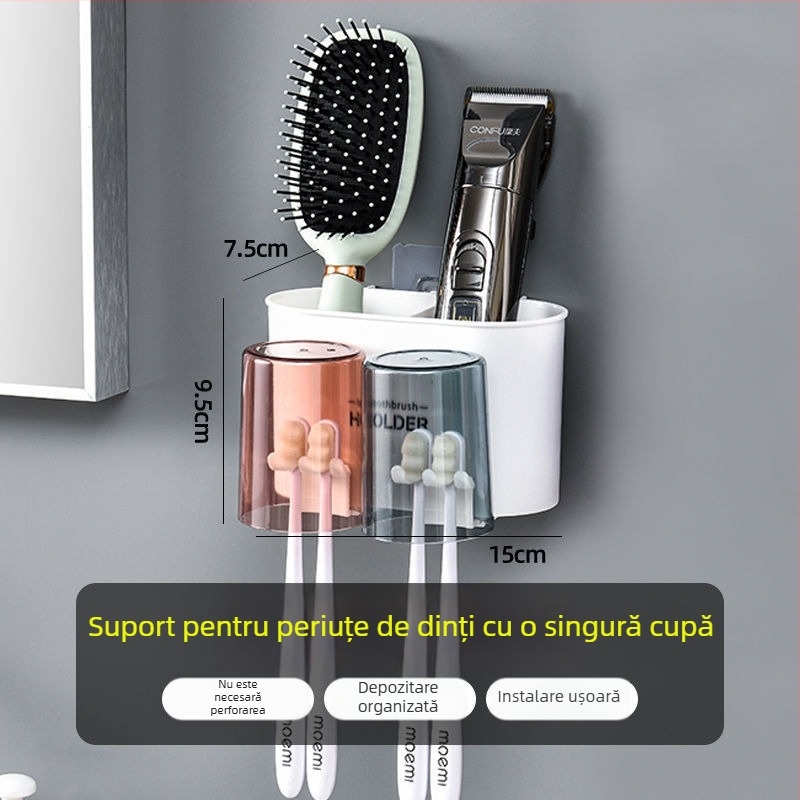 Set suport pentru periute cu ventuză — montare fără găuri, include pahare de clătire, pahar pentru pastă și organizator chiuvetă