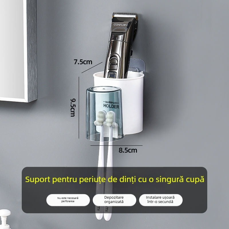 Set suport pentru periute cu ventuză — montare fără găuri, include pahare de clătire, pahar pentru pastă și organizator chiuvetă