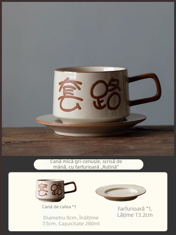 Set de cești de cafea Grass Grey cu farfurioare – design scris de mână, minimalist, birou, cadou de afaceri