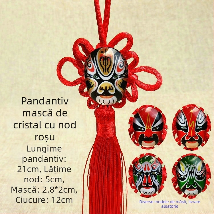 Pandantiv mic din nod chinezesc cu mască de operă din Beijing, cristal – decor pentru living și bonsai