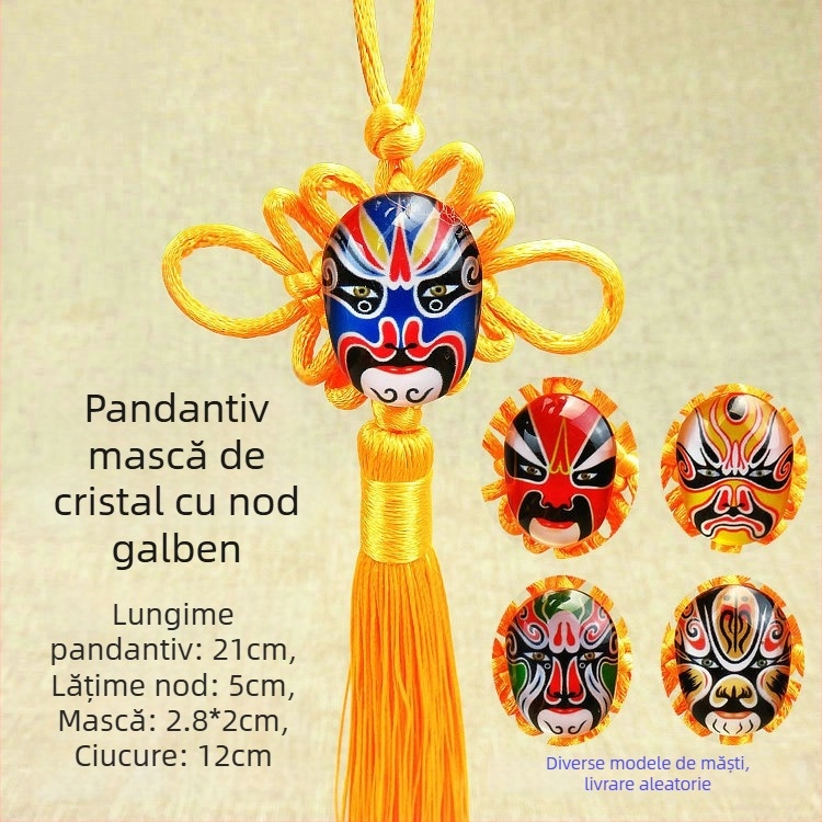 Pandantiv mic din nod chinezesc cu mască de operă din Beijing, cristal – decor pentru living și bonsai