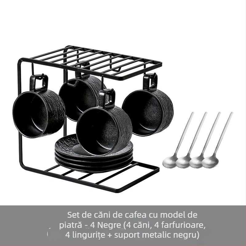 Set ceramic de cafea pentru mic dejun cu farfurioară, suport pentru cești și linguri, design elegant
