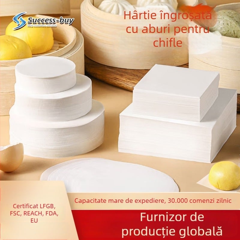 Hârtie de copt groasă, antiaderentă pe ambele fețe, suport pentru abur, pătrat și cerc, pentru chifle și pâine aburită