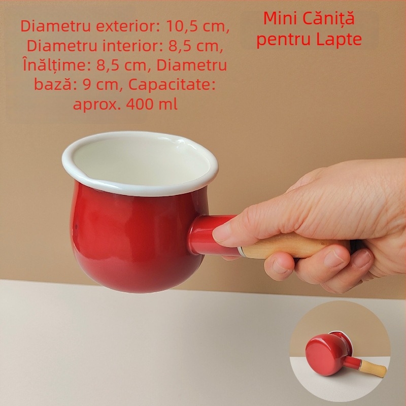 Oală de lapte emailată în stil japonez, corp emailat, mică oală cu mâner unic, pentru mic dejun și fierbere ramen, compatibilă cu aragaz pe gaz și plită cu inducție.