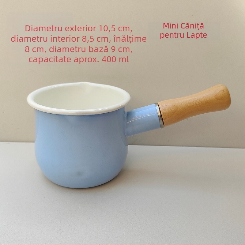 Oală de lapte emailată în stil japonez, corp emailat, mică oală cu mâner unic, pentru mic dejun și fierbere ramen, compatibilă cu aragaz pe gaz și plită cu inducție.