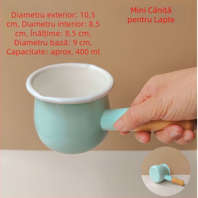 Oală de lapte emailată în stil japonez, corp emailat, mică oală cu mâner unic, pentru mic dejun și fierbere ramen, compatibilă cu aragaz pe gaz și plită cu inducție.