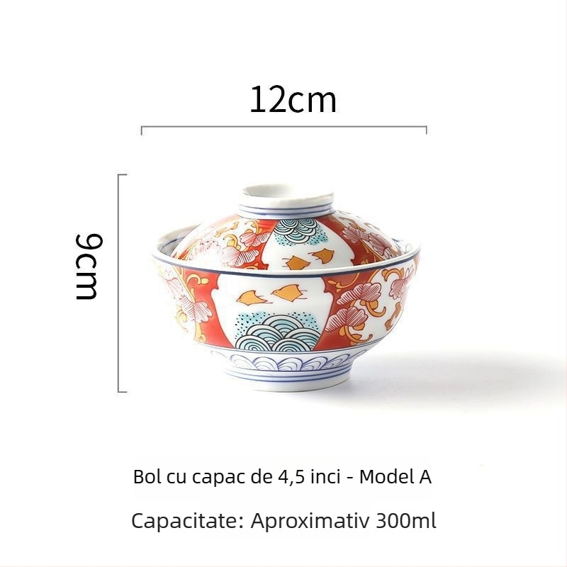 Boluri ceramice în stil japonez cu capace pentru supă, tăiței, tocană, ouă la abur și orez