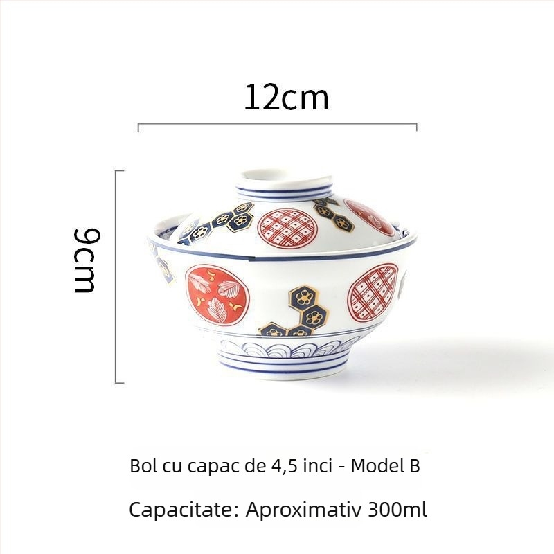 Boluri ceramice în stil japonez cu capace pentru supă, tăiței, tocană, ouă la abur și orez