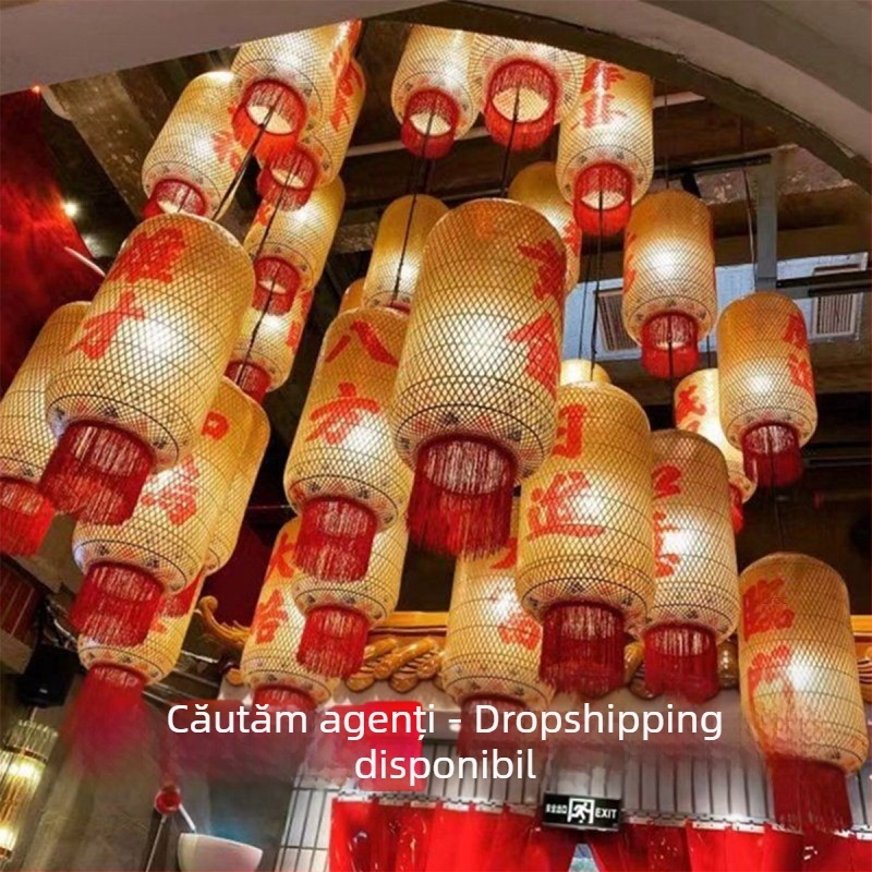 Lampă decorativă suspendată din bambus și hârtie de ulei, stil chinezesc pastoral, pentru restaurante și hoteluri