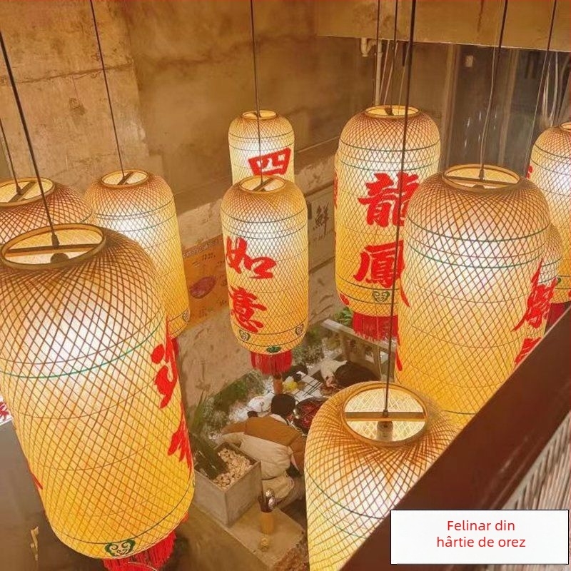 Lampă decorativă suspendată din bambus și hârtie de ulei, stil chinezesc pastoral, pentru restaurante și hoteluri