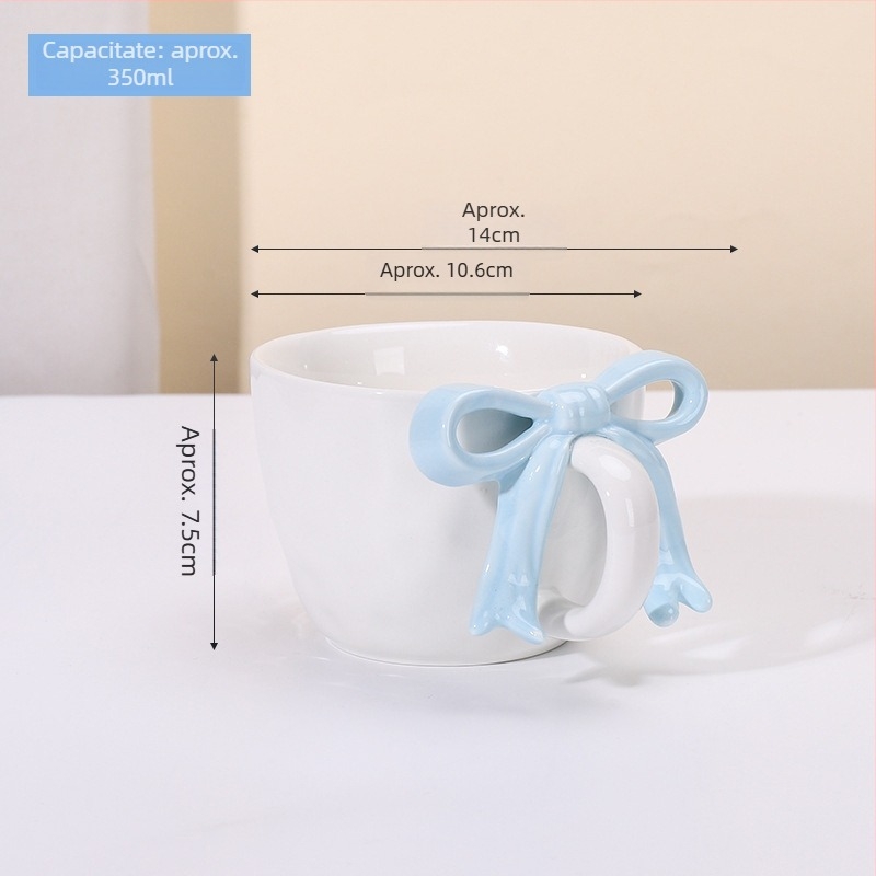 Cană ceramică cu fundă pictată manual, set cană și farfurie