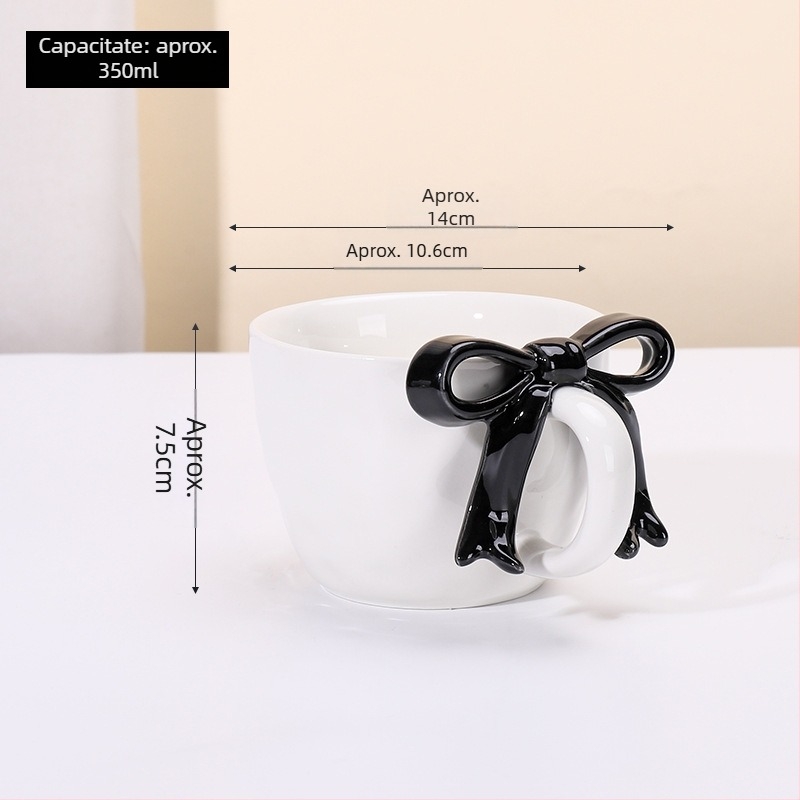 Cană ceramică cu fundă pictată manual, set cană și farfurie
