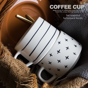 Set de cești și farfurioare din ceramică pentru cafea, albastru nordic, stil retro, cu logo