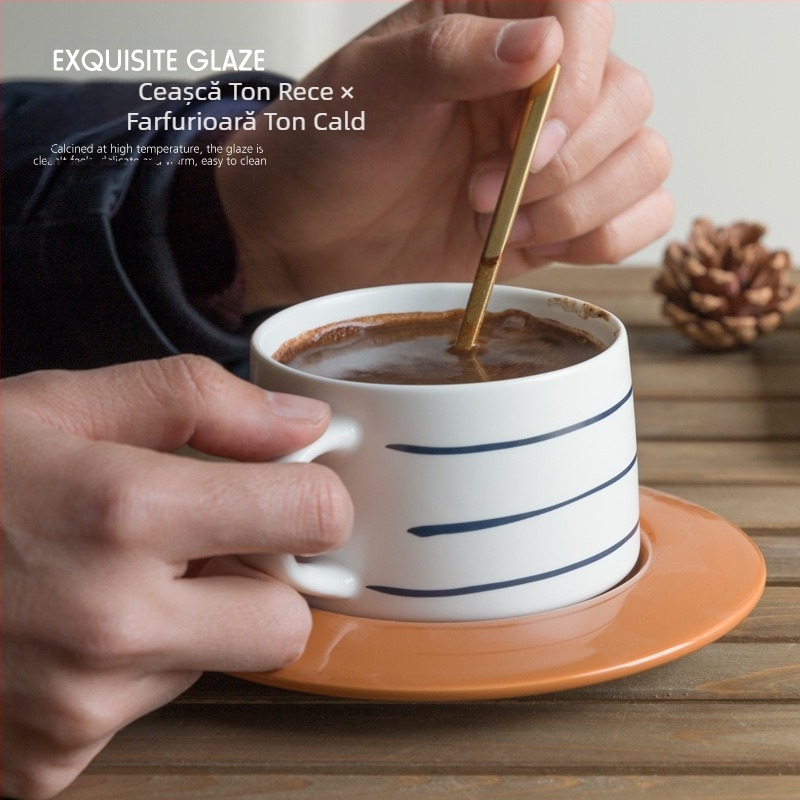 Set de cești și farfurioare din ceramică pentru cafea, albastru nordic, stil retro, cu logo