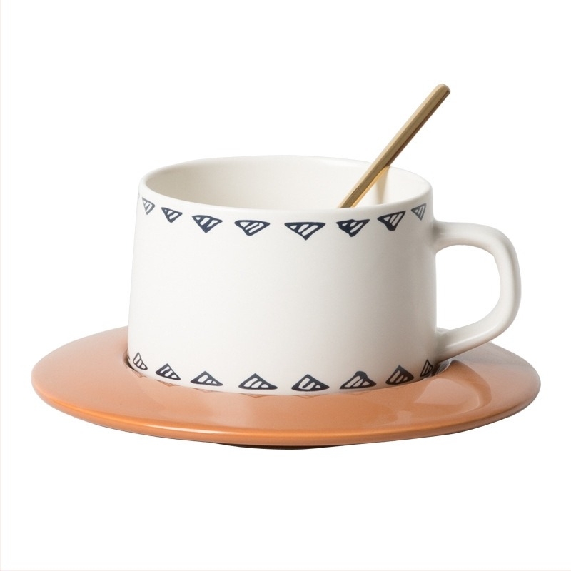Set de cești și farfurioare din ceramică pentru cafea, albastru nordic, stil retro, cu logo