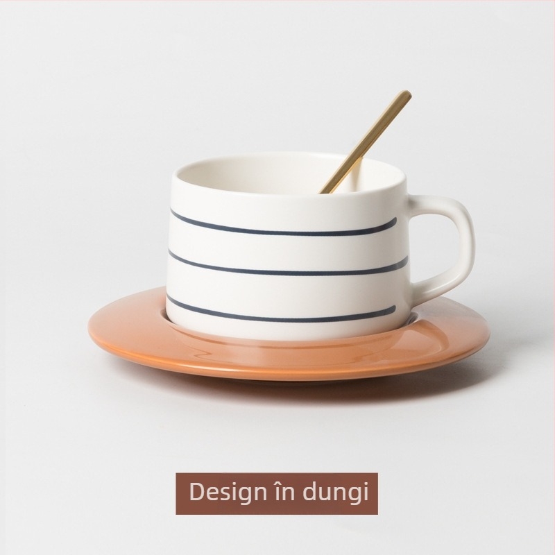 Set de cești și farfurioare din ceramică pentru cafea, albastru nordic, stil retro, cu logo