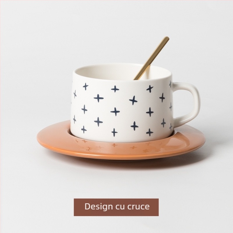 Set de cești și farfurioare din ceramică pentru cafea, albastru nordic, stil retro, cu logo