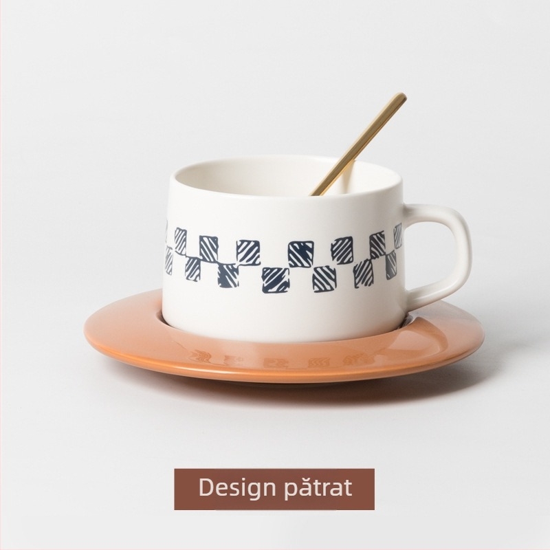 Set de cești și farfurioare din ceramică pentru cafea, albastru nordic, stil retro, cu logo